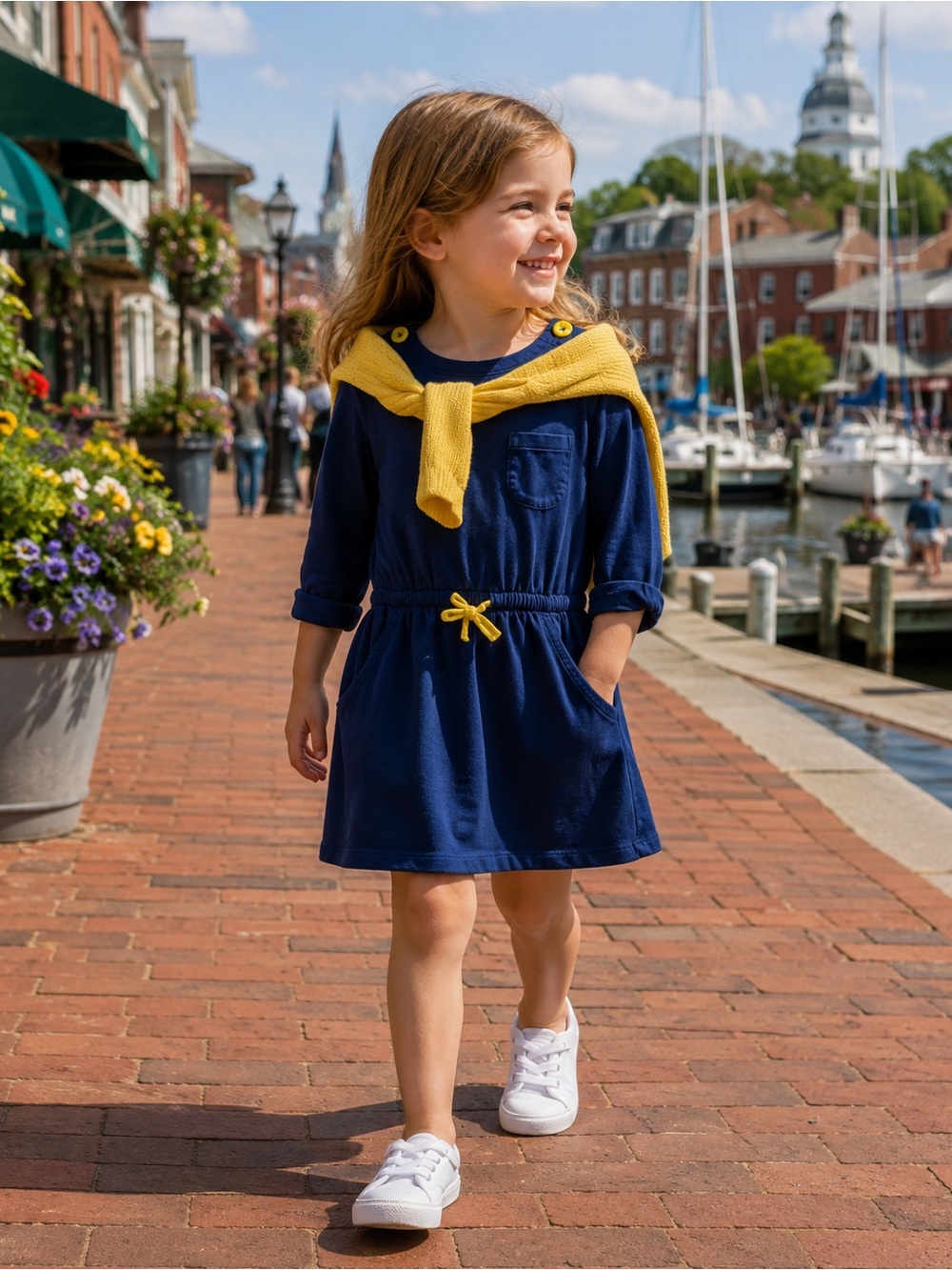 Mini Boden Navy Jersey Dress Girls 4-5Y Blue Yellow Pocket Long Sleeve Cotton